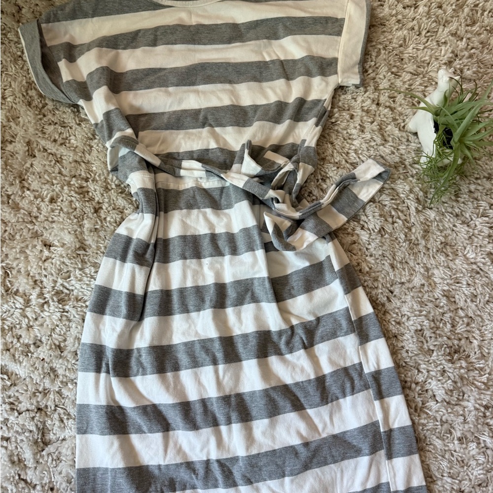Striped Gray and White Midi casual summer spring event Dress